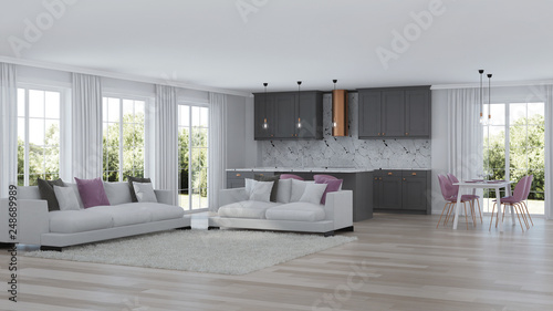 Modern home interior with gray kitchen. 3D rendering.