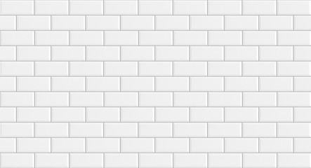 White rectangle mosaic tiles texture  background. Classic white metro tile. Long wide picture.