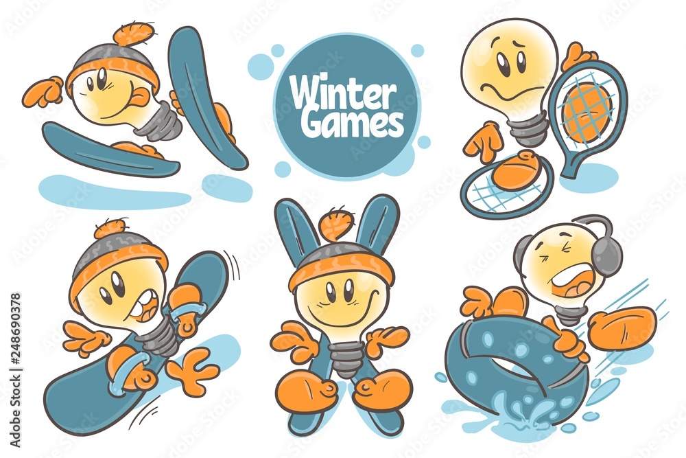 Set character cartoon lightbulb.Winter games. On white background. Vector