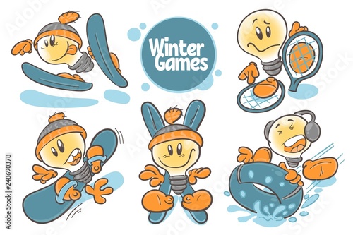 Set character cartoon lightbulb.Winter games. On white background. Vector
