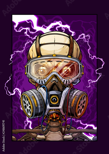 Detailed graphic cool realistic colorful human skull with protective gas mask and crazy eyes. Isolated on violet background with lightning. Vector icon.