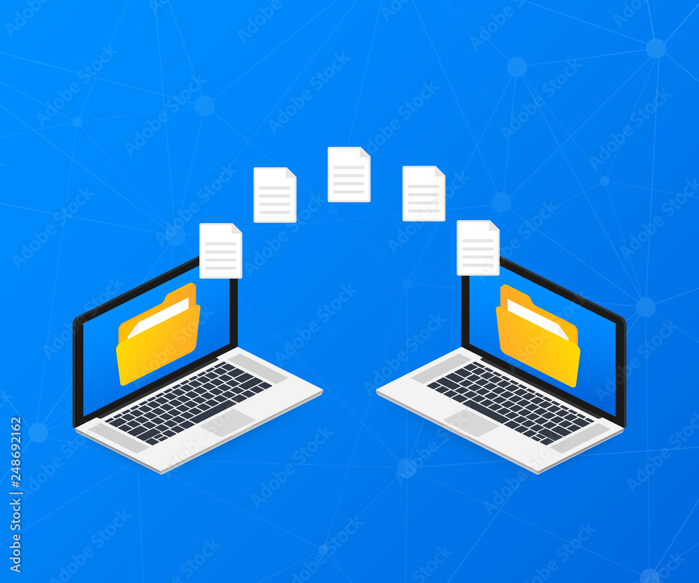 File transfer. laptops with folders on screen and transferred documents. Copy files, data exchange, backup. Vector illustration. File transfer. laptops with folders on screen and transferred documents. Copy files, data exchange, backup. Vector illustration.