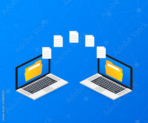 File transfer. laptops with folders on screen and transferred documents. Copy files, data exchange, backup. Vector illustration.