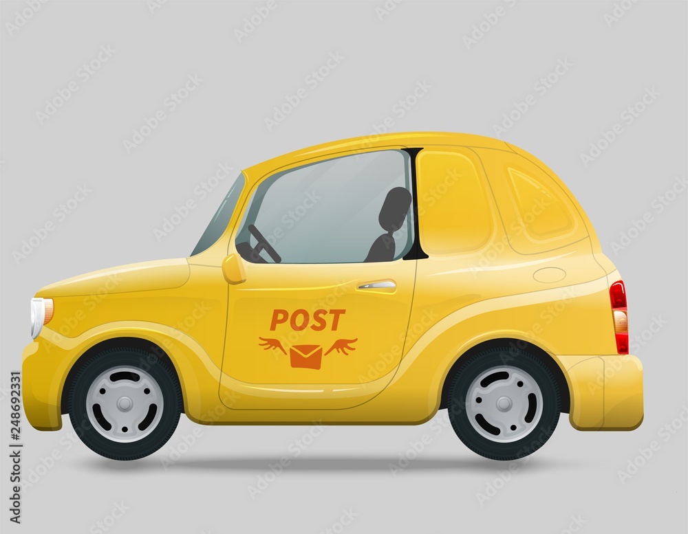 Vector illustration of delivery mini van. Side view, profile. Yellow k-car delivery. Cargo auto.