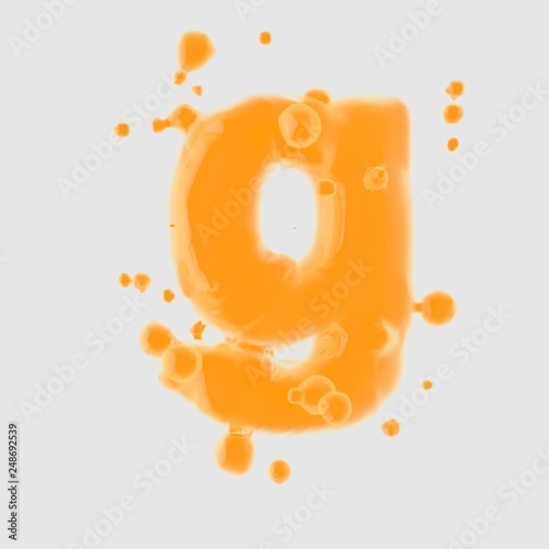 3d letter G lowercase. Orange Juice font with drops isolated on white background