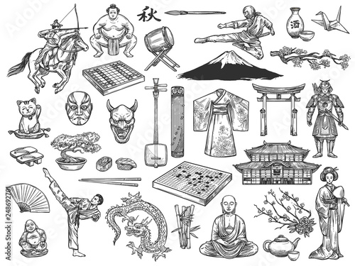 Japan culture symbols, history tradition sketch