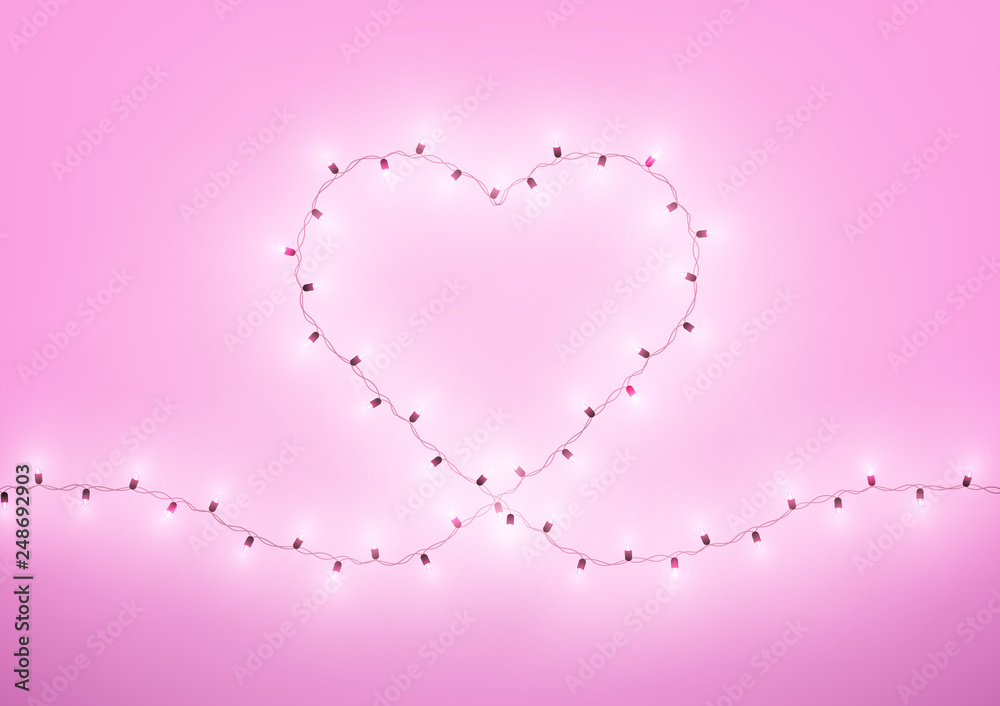 Heart shape led lights shiny garland frame, vector illustration