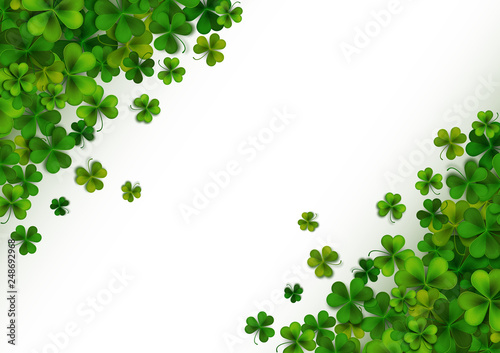 Happy Saint Patrick's Day background with realistic green shamrock leaves, advertisement, banner template, vector illustration