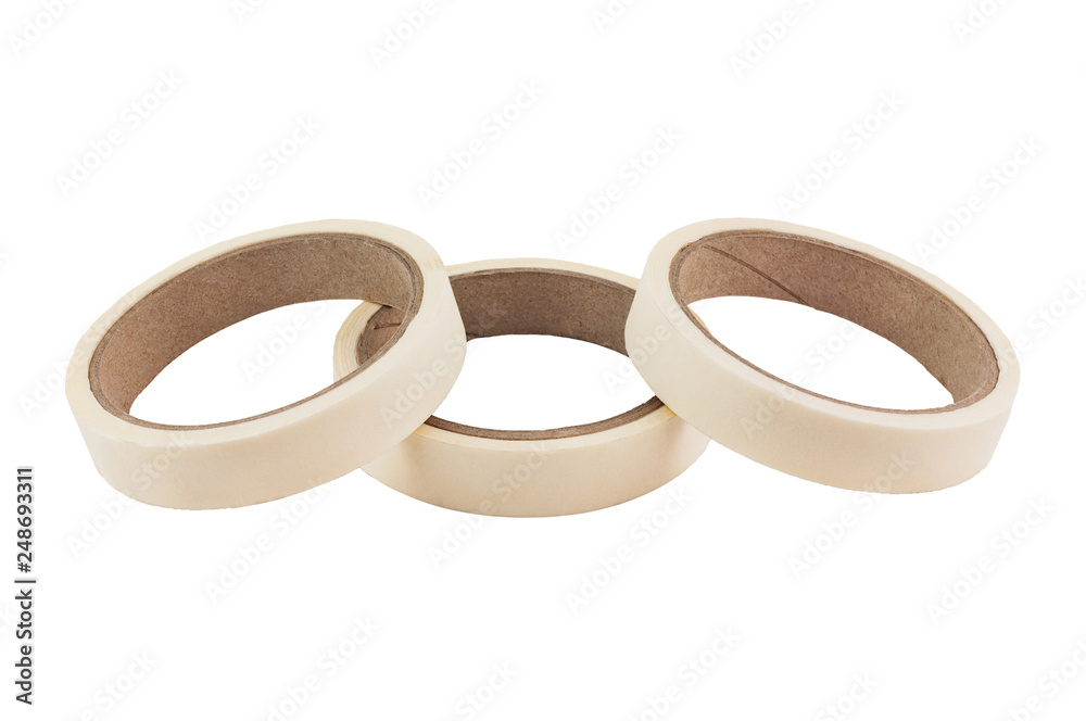 Heap of three adhesive paper tape for packing isolated on white background Heap of three adhesive paper tape for packing isolated on white background