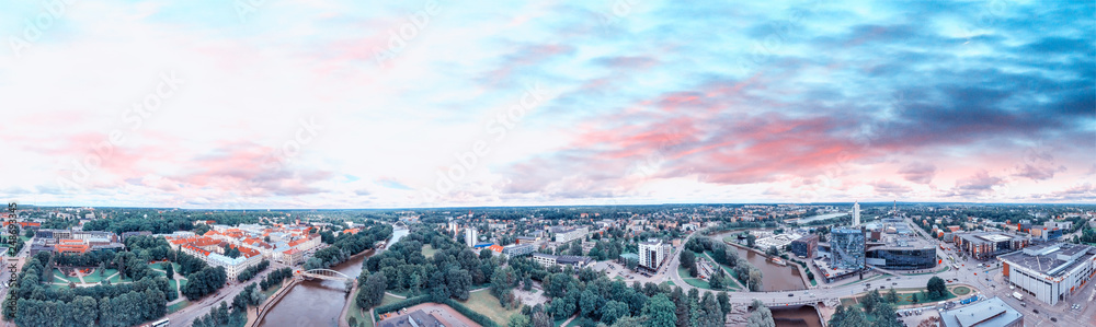 Tartu, Estonia. Panoramic aerial view at summer sunset