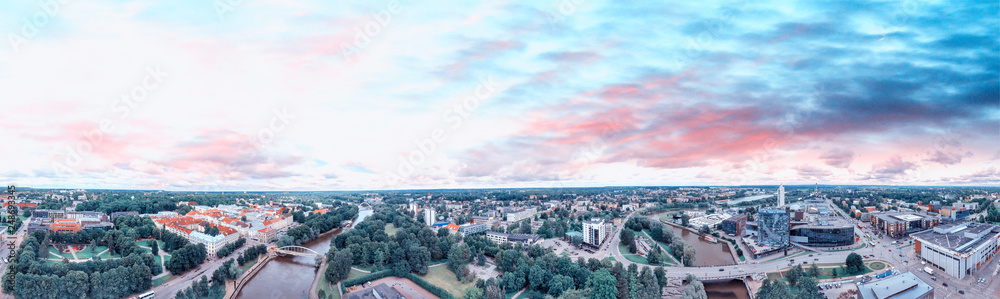 Fototapeta premium Tartu, Estonia. Panoramic aerial view at summer sunset