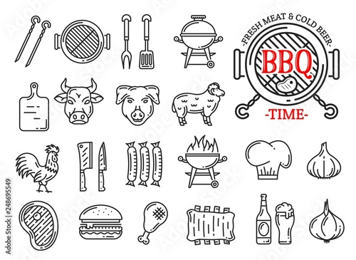 Barbecue meat and sausages grill bar line icons