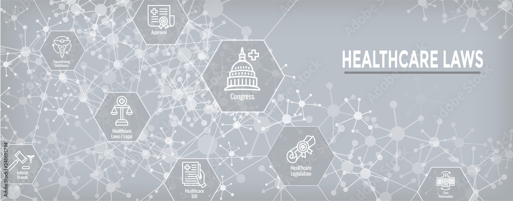 Fototapeta premium Health Laws and Legal icon set depicting various aspects of the legal system