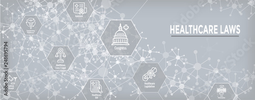 Health Laws and Legal icon set depicting various aspects of the legal system