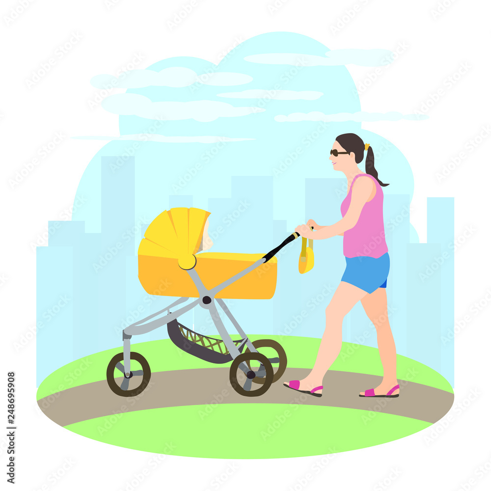 Woman walking with baby carriage on the urban background.