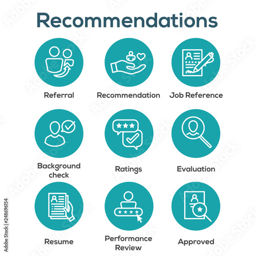 Referral Job Reference Icon Set with recommendations, performance review, etc