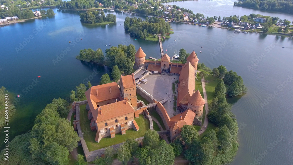 Trakai Castle aerial view on a beautiful summer sunset, Lithuania