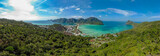 Koh Phi Phi Don - Amazing view of bay in andaman sea from View Point. Paradise coast of tropical island Phi-Phi Don. Krabi Province, Thailand. Travel vacation background.
