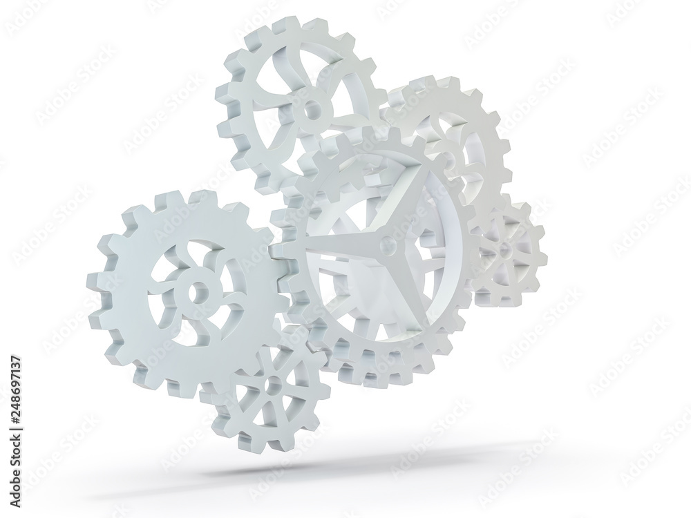 A cluster of interlocking metal gears. 3D A cluster of interlocking metal gears. 3D