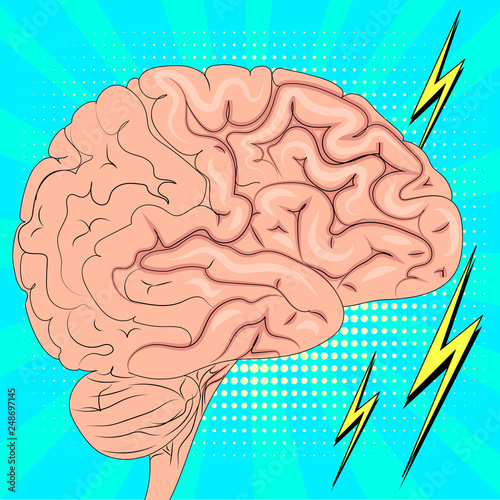 The human brain is actively working. Pop art background. Imitation of comics style. Vector