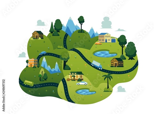 Vector rural landscape road path tree mountain