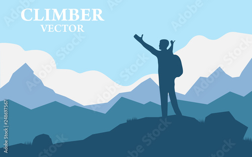 Traveler Man Silhouette Stand Top Mountain Rock Peak Climber. Vector illustration of a mountain landscape with realistic silhouette of one mountain climber. © Dmitry
