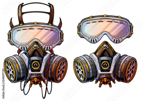 Graphic detailed chemical gas mask respirator with protective glasses and filters. Isolated on white background. Vector icons set.
