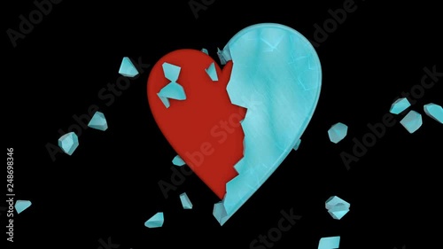 3D animation of frozen heart changing to the red heart with alpha channel. 