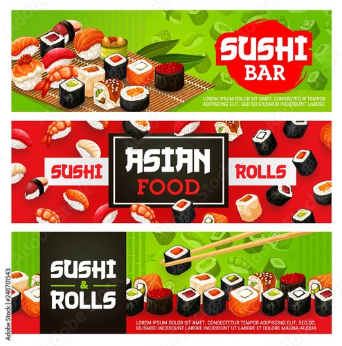 Sushi bar menu, sashimi and maki rolls