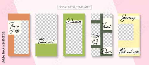 Editable Stories Minimal Vector Layout. Social Media Like and Share, Trends, Sale -50 Photo Frames Kit. Sale Insta Stories Layout
