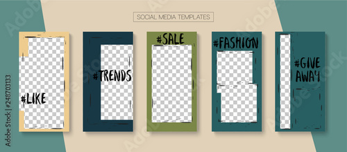 Editable Stories Minimal Vector Layout. Social Media Like and Share, Trends, Sale -50 Photo Frames Kit. Sale Insta Stories Layout