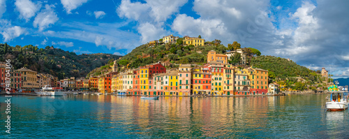 Colorful houses and yachts in spectacular bay harbor of Portofino in the province of Genoa, Italy