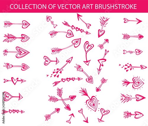 Collection of vector art brushstroke in the shape of arrows with hearts