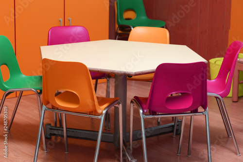 small table with chairs in the kindergarten classroom