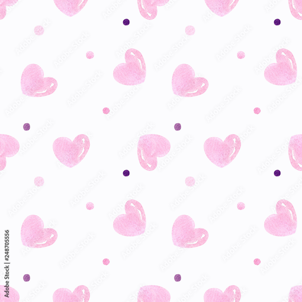Seamless pattern with hearts on white background Watercolor illustration. Valentines day