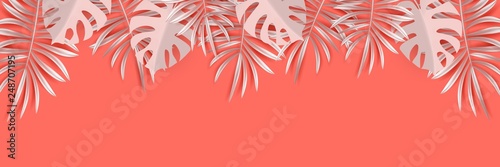 Vector tropical horizontal banner with silvery palm and monstera leaves on living coral backdrop. Exotic hawaiian jungle design, summertime background. Pastel minimal style