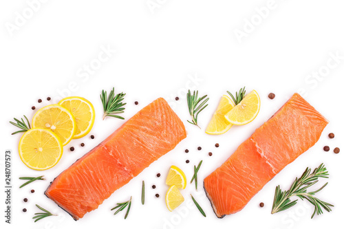 fillet of red fish salmon with lemon and rosemary isolated on white background with copy space for your text. Top view. Flat lay