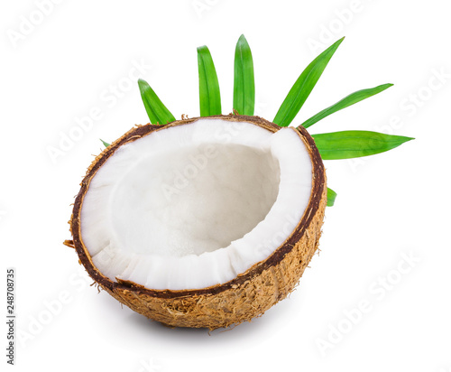 half of coconut with leaves isolated on white background