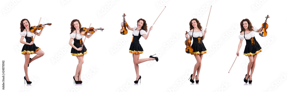 Young woman playing violin on white