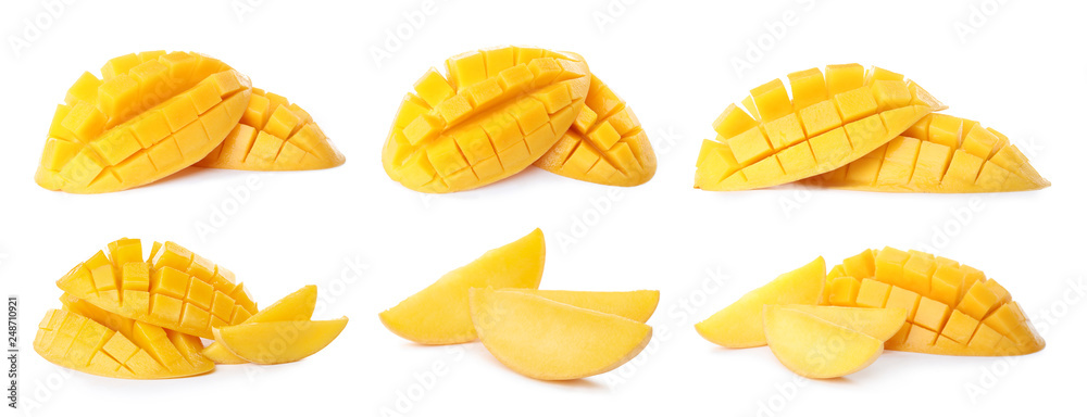 Set of delicious ripe mangoes on white background