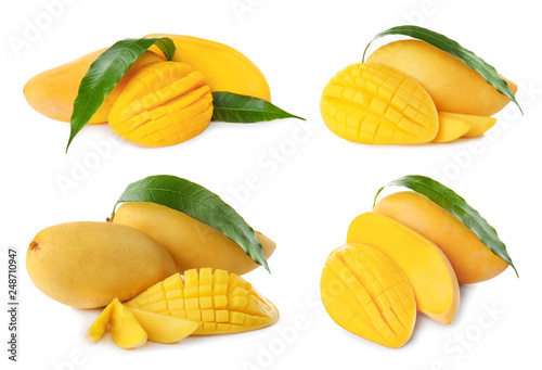 Fototapeta Naklejka Na Ścianę i Meble -  Set of delicious ripe mangoes on white background