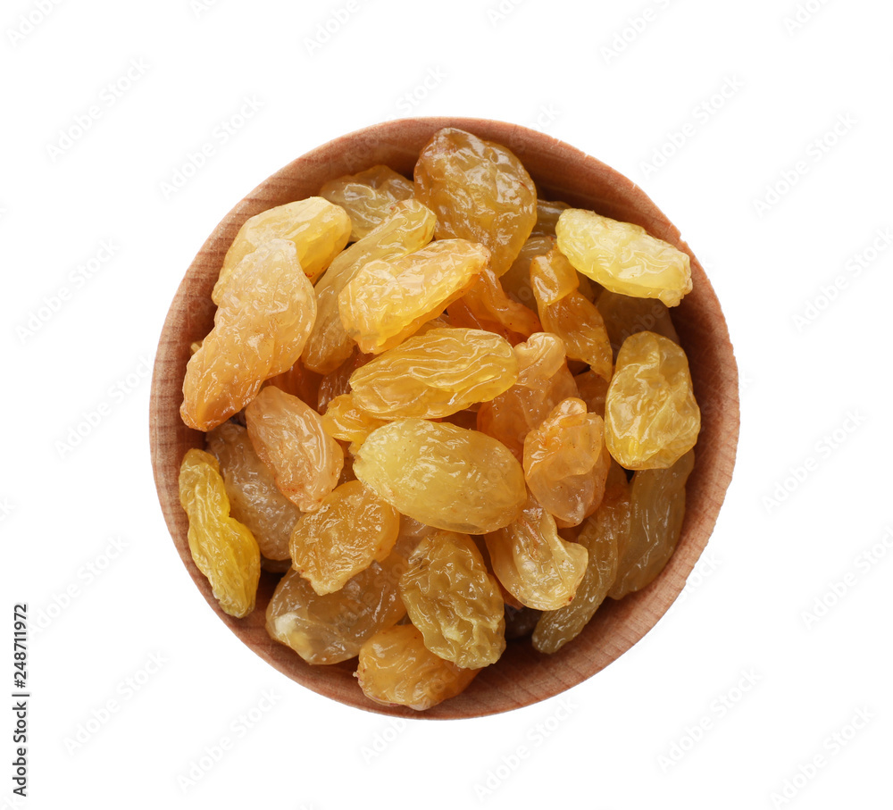 Bowl with raisins on white background, top view. Healthy dried fruit Bowl with raisins on white background, top view. Healthy dried fruit