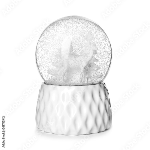 Snow globe with deer and trees isolated on white