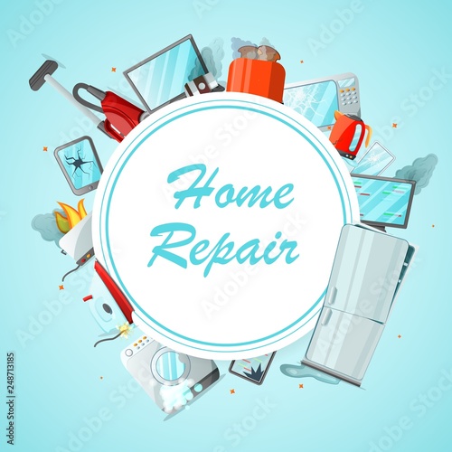 Modern cartoon flat home repair service concept-damaged consumer electronics appliances around ready to use copy space.Small business flyer banner concept-different broken household goods