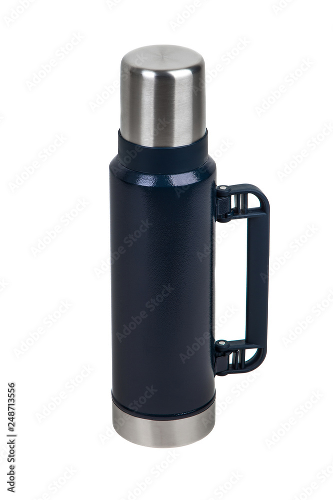 Metal thermos isolated on white. Front view of the thermo flask isolated on white. Metal thermos isolated on white. Front view of the thermo flask isolated on white.