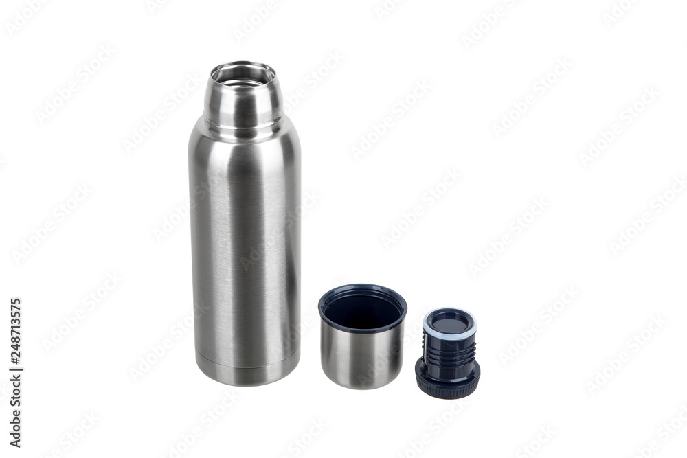 Metal thermos isolated on white. Front view of the thermo flask isolated on white.