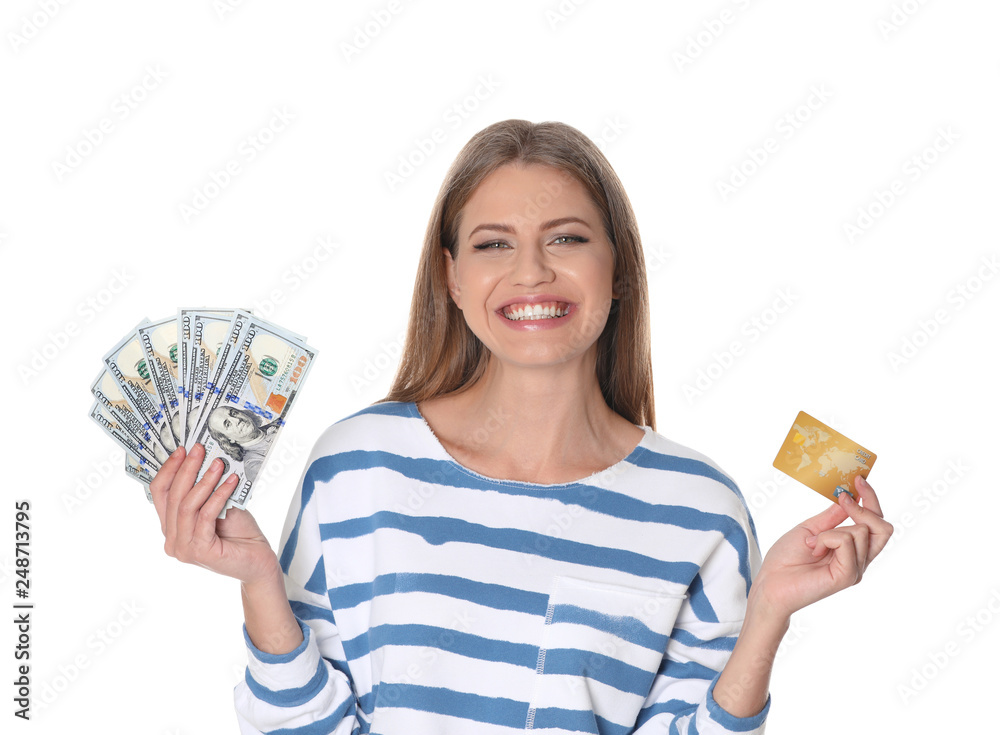 Portrait of happy young woman with money and credit card on white background Portrait of happy young woman with money and credit card on white background