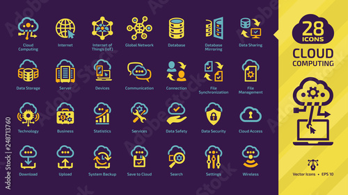 Cloud computing yellow glyph icon set on a dark violet background with network data server and internet technology, database platform, computer digital system colorful sign.