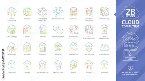 Cloud computing database editable stroke outline color icon set with network digital data server and computer internet technology colorful thin line sign.
