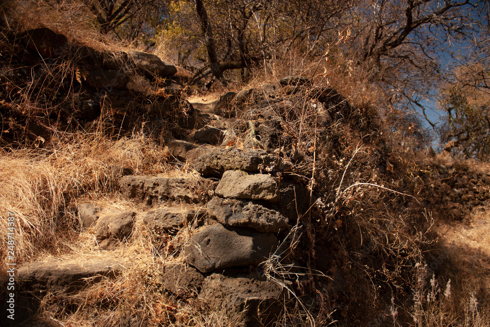 Obraz premium Ancient steps of year 1153 in terrace of pyramid buried in the chasm the hill of the speaker in a state of Mexico